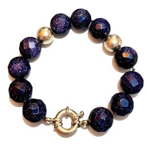 Blue Goldstone and Silver Bead Bracelet 7 Inches